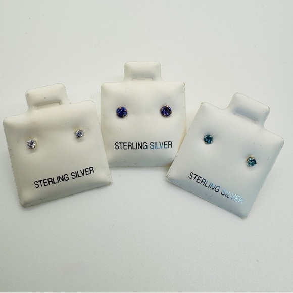 Jewelry - 3 Pairs of Sterling Silver Stud Earrings Bundle - Purple, Blue, Silver
